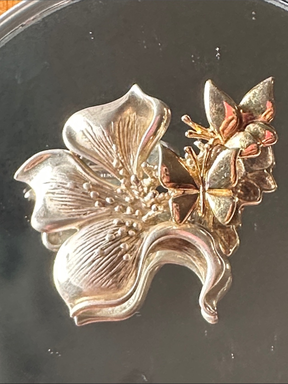 Vintage Francis Borgel 925 Silver Floral Brooch with gold Butterflies